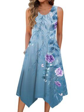 🆕Women's Blue Summer Tank Dress Loose Flowy Beach Dress  Flare Midi Dress